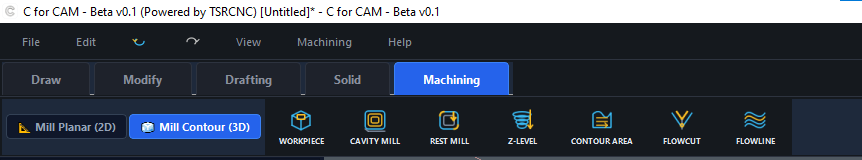 C FOR CAM 3D machining toolbar showing cavity mill, rest mill, Z-level and flowline