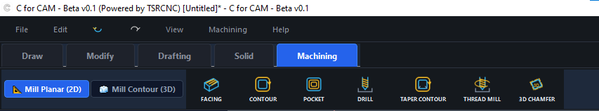C FOR CAM planar milling toolbar with facing, contour, pocket, drill and thread milling operations